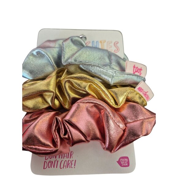 Set Of 3 Metallic Scrunchies In Gold Silver & Pink By Talking Out Of Turn - Picture 5 of 6